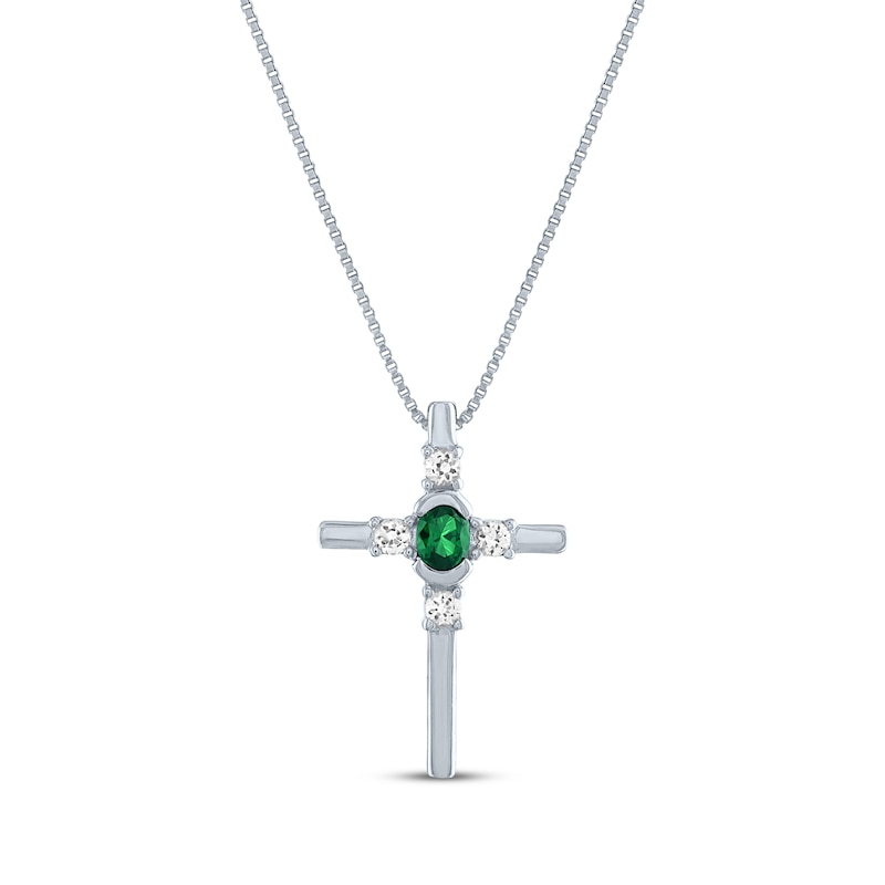 Main Image 1 of Oval-Cut Lab-Created Emerald & Round-Cut White Lab-Created Sapphire Cross Necklace Sterling Silver 18&quot;