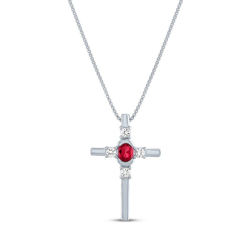 Main Image 1 of Oval-Cut Lab-Created Ruby & Round-Cut White Lab-Created Sapphire Cross Necklace Sterling Silver 18&quot;