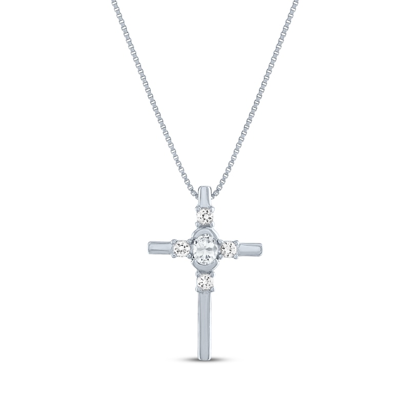 Main Image 1 of Oval Round-Cut White Lab-Created Sapphire Cross Necklace Sterling Silver 18&quot;