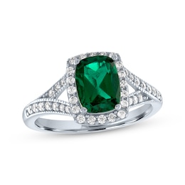 Cushion-Cut Lab-Created Emerald & White Lab-Created Sapphire Ring Sterling Silver