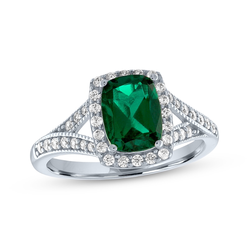 Main Image 1 of Cushion-Cut Lab-Created Emerald & White Lab-Created Sapphire Ring Sterling Silver