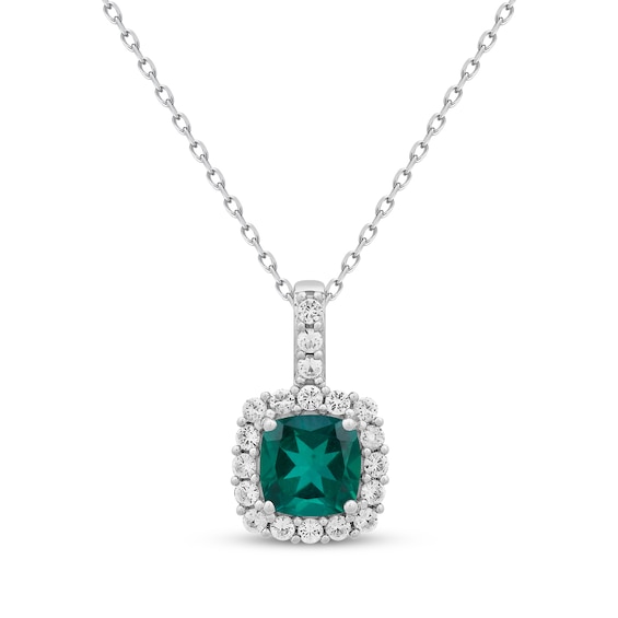 Cushion-Cut Lab-Created Emerald & White Lab-Created Sapphire Necklace Sterling Silver 18"