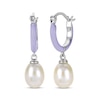 Thumbnail Image 1 of Cultured Pearl & Purple Enamel Hoop Drop Earrings Sterling Silver