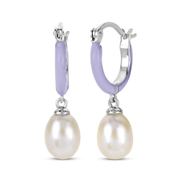 Cultured Pearl & Purple Enamel Hoop Drop Earrings Sterling Silver