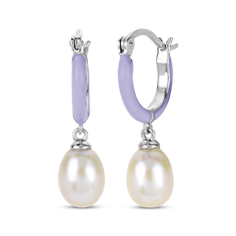 Main Image 1 of Cultured Pearl & Purple Enamel Hoop Drop Earrings Sterling Silver