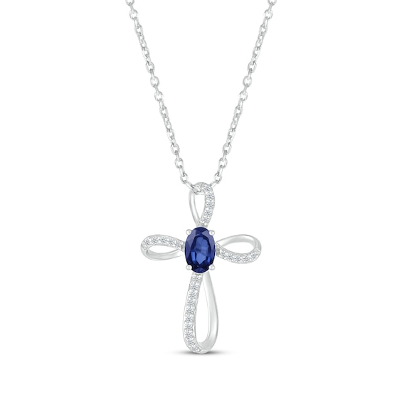 Oval-Cut Blue Lab-Created Sapphire & White Lab-Created Sapphire Looping Cross Necklace Sterling Silver 18"