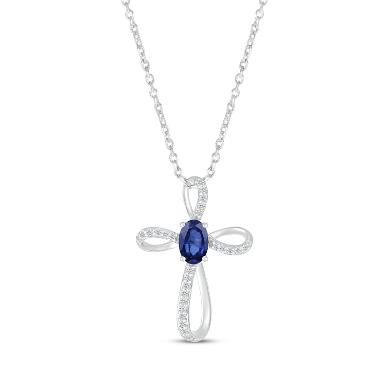 Main Image 1 of Oval-Cut Blue Lab-Created Sapphire & White Lab-Created Sapphire Looping Cross Necklace Sterling Silver 18&quot;