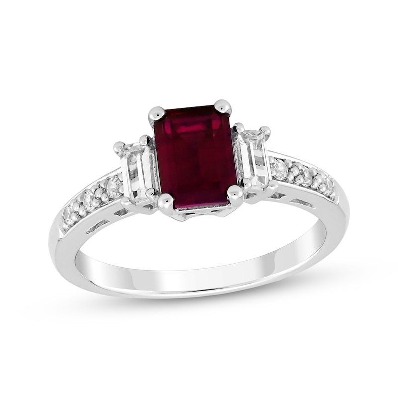 Main Image 1 of Emerald-Cut Lab-Created Ruby & White Lab-Created Sapphire Ring Sterling Silver