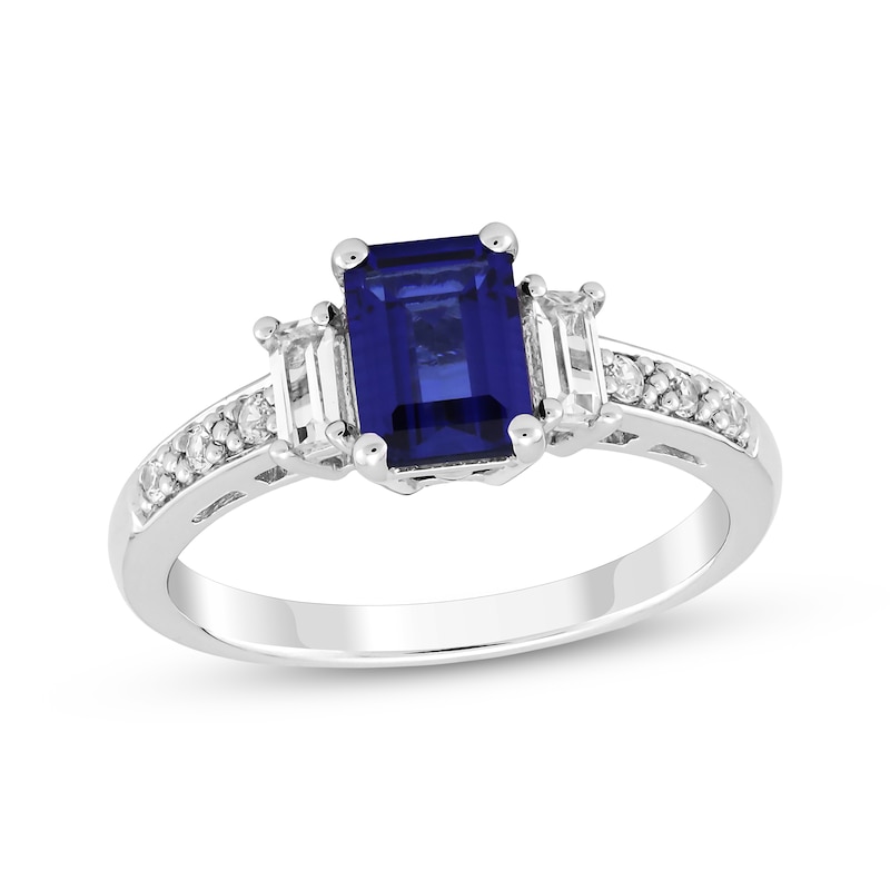 Main Image 1 of Emerald-Cut Blue Lab-Created Sapphire & White Lab-Created Sapphire Ring Sterling Silver