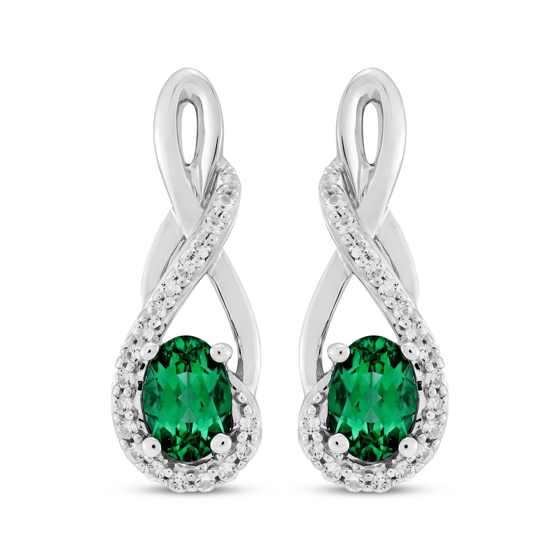 Oval-Cut Lab-Created Emerald & White Lab-Created Sapphire Twist Drop Earrings Sterling Silver