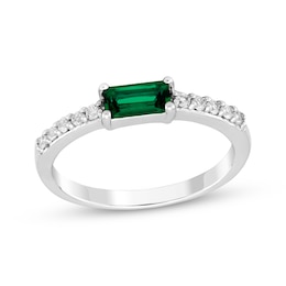 Baguette-Cut Lab-Created Emerald & White Lab-Created Sapphire Ring Sterling Silver