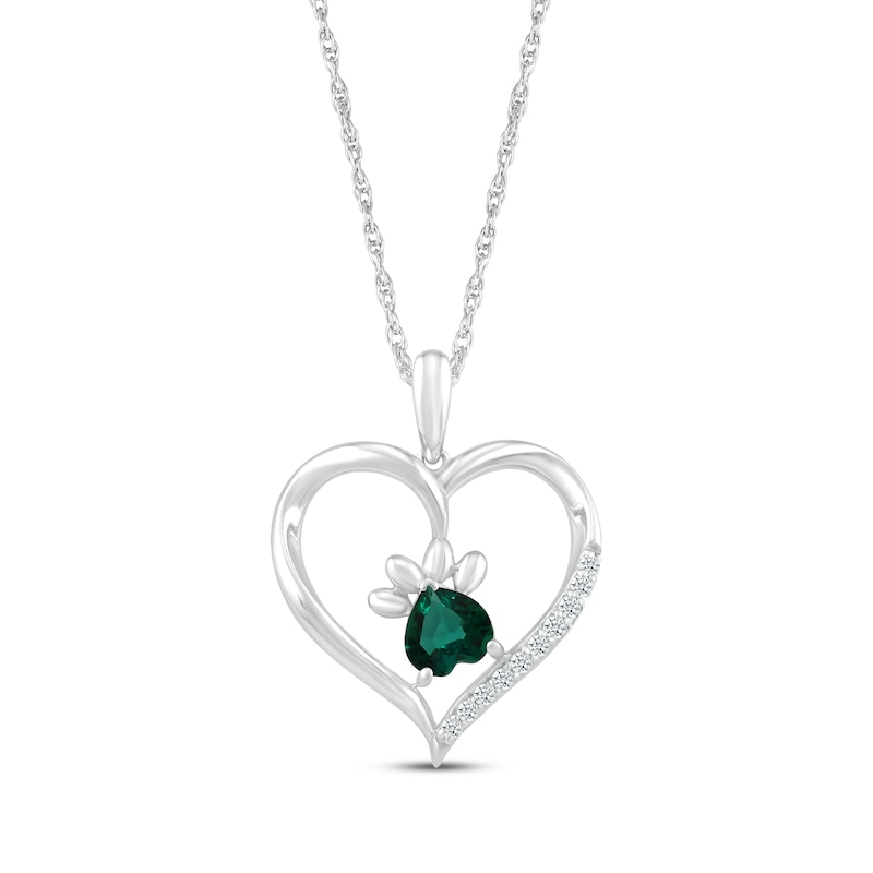 Main Image 1 of Heart-Shaped Lab-Created Emerald & White Lab-Created Sapphire Paw Print Necklace Sterling Silver 18&quot;