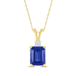 Emerald-Cut Blue Lab-Created Sapphire & Diamond Accent Necklace 10K Yellow Gold 18&quot;