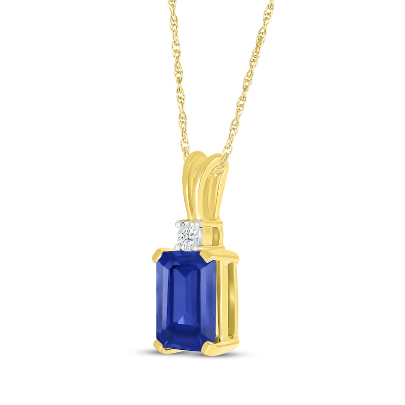 Main Image 2 of Emerald-Cut Blue Lab-Created Sapphire & Diamond Accent Necklace 10K Yellow Gold 18&quot;