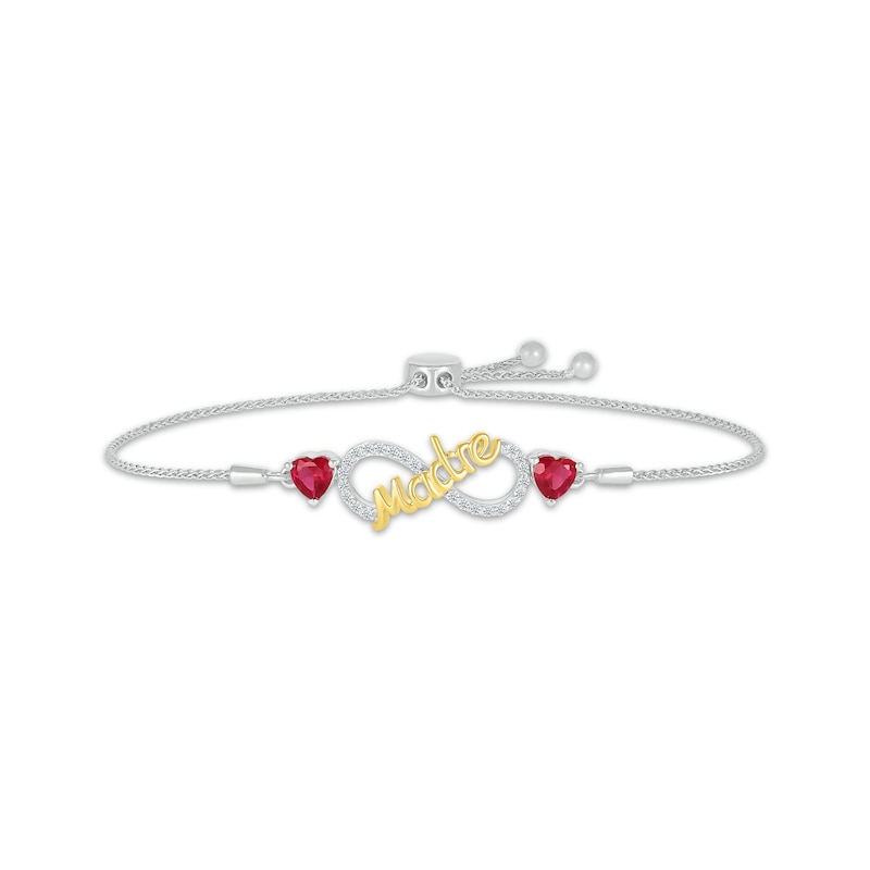 Main Image 1 of Heart-Shaped Lab-Created Ruby & White Lab-Created Sapphire &quot;Madre&quot; Bolo Bracelet Sterling Silver & 10K Yellow Gold