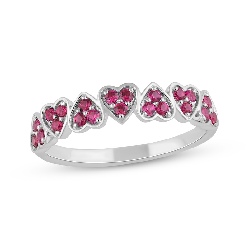 Main Image 1 of Lab-Created Ruby Alternating Hearts Ring Sterling Silver