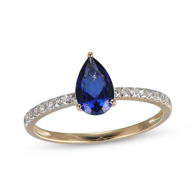 Main Image 1 of Pear-Shaped Blue Lab-Created Sapphire & Diamond Ring 1/8 ct tw 10K Yellow Gold