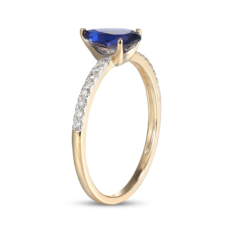 Main Image 2 of Pear-Shaped Blue Lab-Created Sapphire & Diamond Ring 1/8 ct tw 10K Yellow Gold