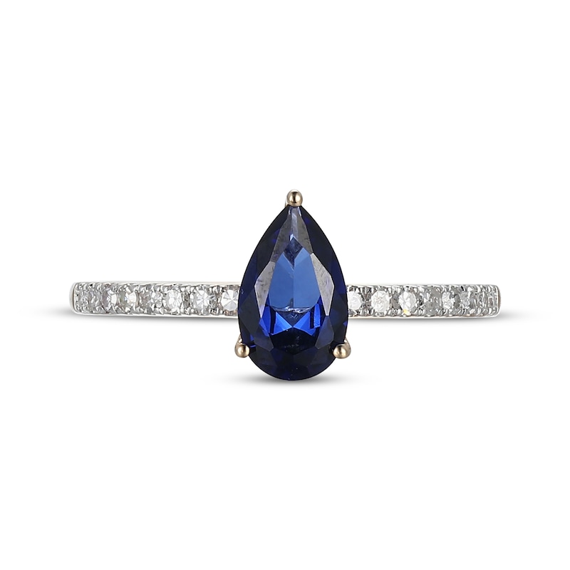 Main Image 3 of Pear-Shaped Blue Lab-Created Sapphire & Diamond Ring 1/8 ct tw 10K Yellow Gold