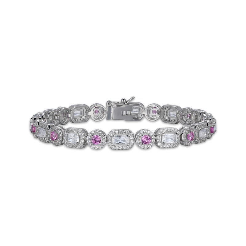 Main Image 1 of Emerald-Cut White Lab-Created Sapphire & Round-Cut Pink Lab-Created Sapphire Bracelet Sterling Silver 7.25"