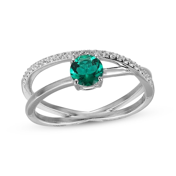 Lab-Created Emerald & White Lab-Created Sapphire Crossover Ring Sterling Silver