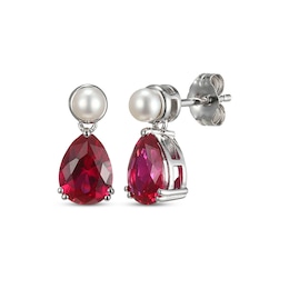 Pear-Shaped Lab-Created Ruby & Cultured Pearl Drop Earrings Sterling Silver