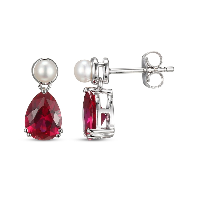 Main Image 3 of Pear-Shaped Lab-Created Ruby & Cultured Pearl Drop Earrings Sterling Silver