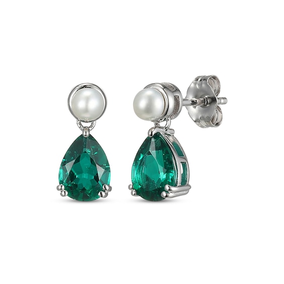 Pear-Shaped Lab-Created Emerald & Cultured Pearl Drop Earrings Sterling Silver