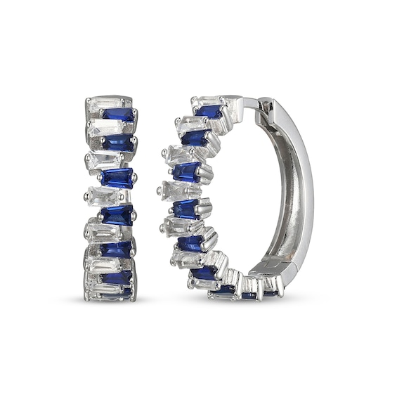Baguette-Cut Blue & White Lab-Created Sapphire Stagger Hoop Earrings Sterling Silver