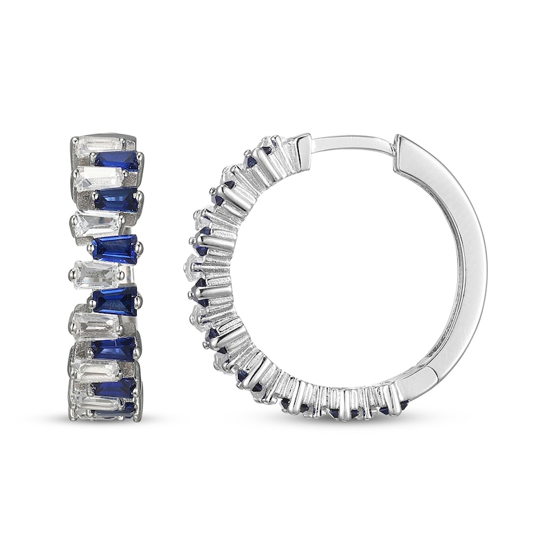 Main Image 3 of Baguette-Cut Blue & White Lab-Created Sapphire Stagger Hoop Earrings Sterling Silver