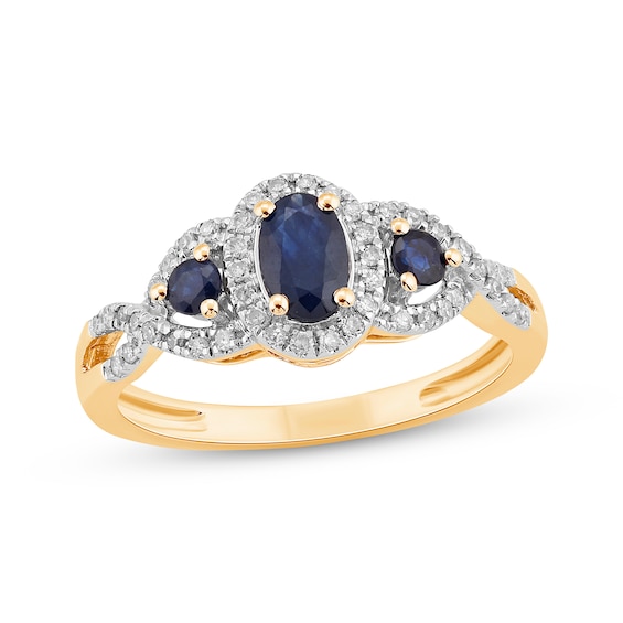 Oval-Cut Blue Sapphire & Diamond Three-Stone Ring 1/6 ct tw 10K Yellow Gold