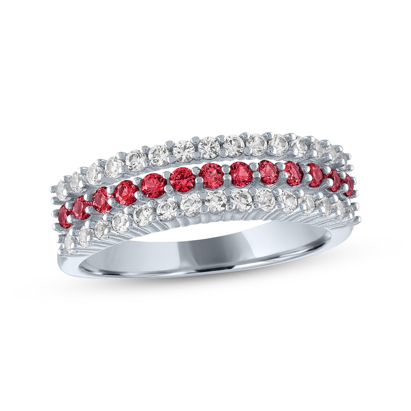 Main Image 1 of Lab-Created Ruby & White Lab-Created Sapphire Three-Row Ring Sterling Silver