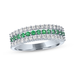 Lab-Created Emerald & White Lab-Created Sapphire Three-Row Ring Sterling Silver