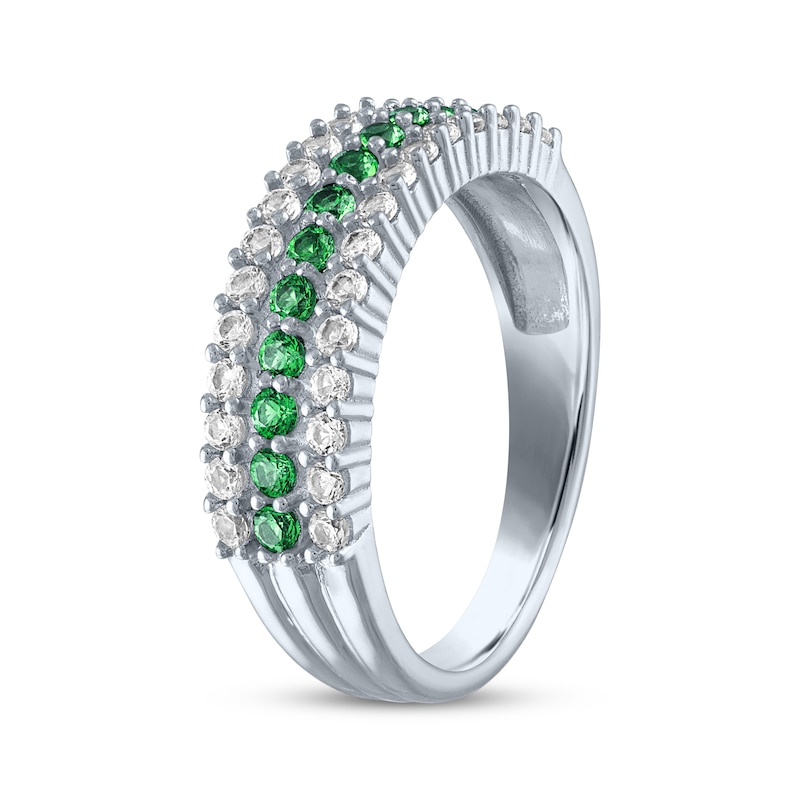 Lab-Created Emerald & White Lab-Created Sapphire Three-Row Ring Sterling Silver