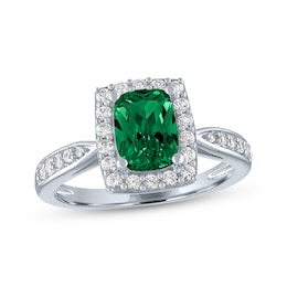 Cushion-Cut Lab-Created Emerald & White Lab-Created Sapphire Ring Sterling Silver