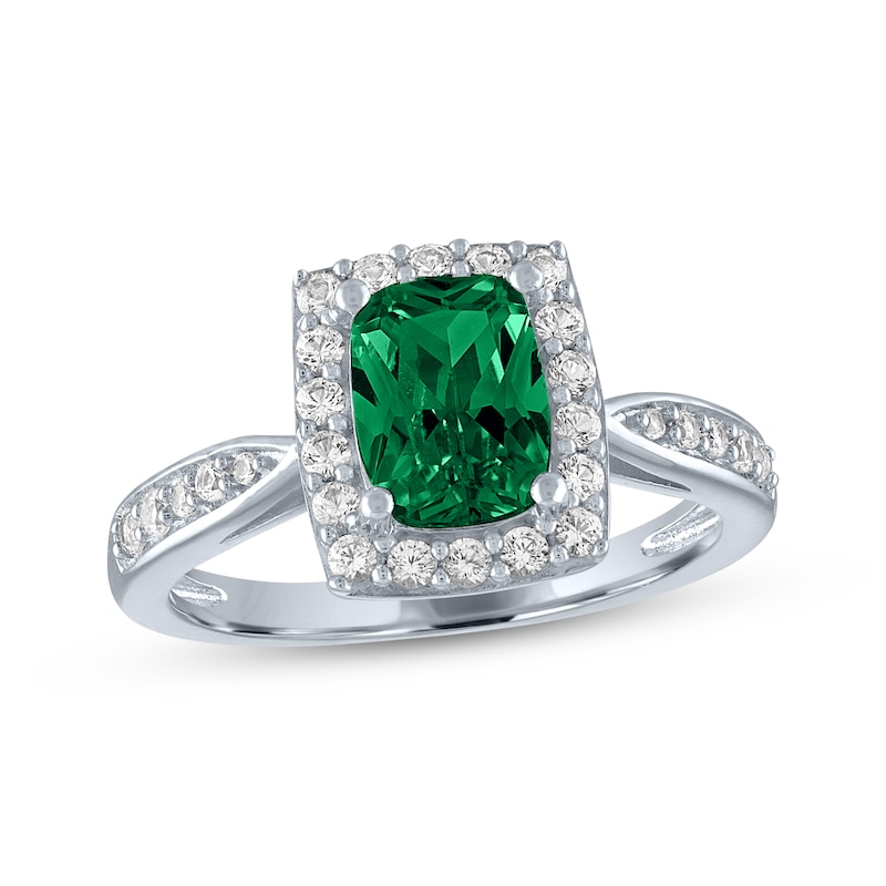 Main Image 1 of Cushion-Cut Lab-Created Emerald & White Lab-Created Sapphire Ring Sterling Silver