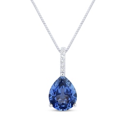 Pear-Shaped Blue Lab-Created Sapphire & Diamond Accent Necklace 10K White Gold 18&quot;