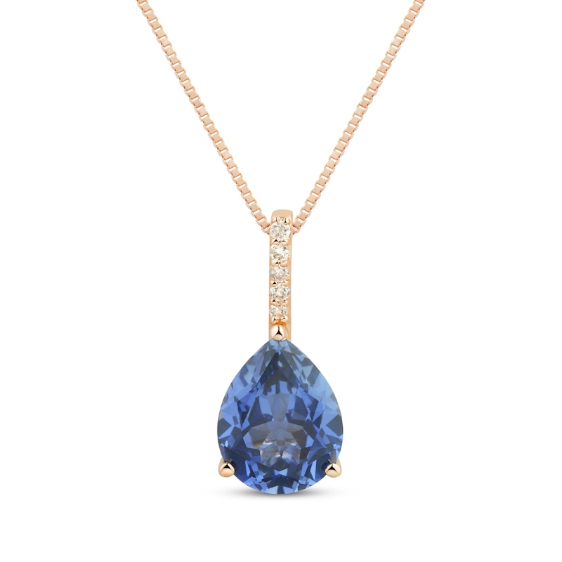 Main Image 1 of Pear-Shaped Blue Lab-Created Sapphire & Diamond Accent Necklace 10K Rose Gold 18&quot;