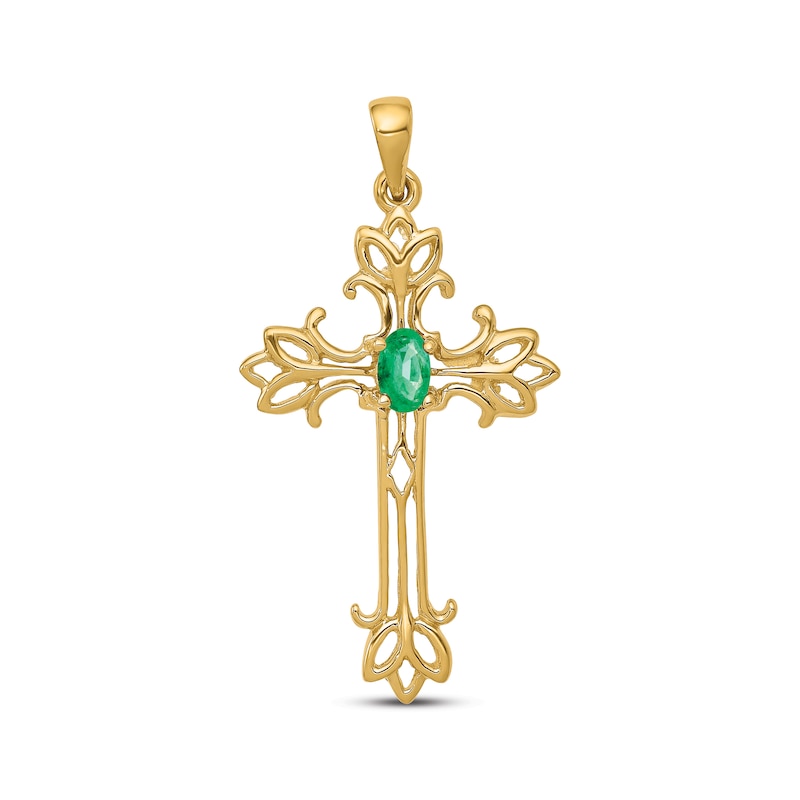 Main Image 1 of Oval-Cut Emerald Cross Charm 14K Yellow Gold