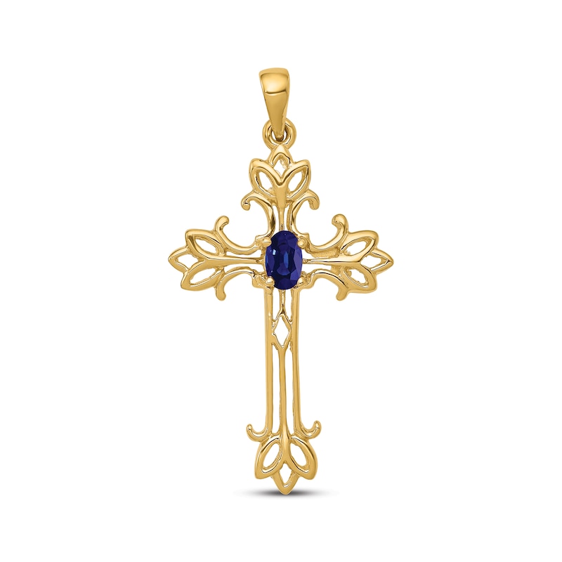 Main Image 1 of Oval-Cut Blue Sapphire Cross Charm 14K Yellow Gold