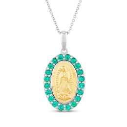 Lab-Created Emerald Our Lady of Guadalupe Necklace 14K Yellow Gold & Sterling Silver 18&quot;