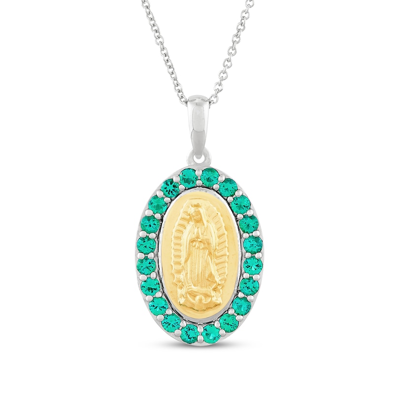 Main Image 1 of Lab-Created Emerald Our Lady of Guadalupe Necklace 14K Yellow Gold & Sterling Silver 18&quot;