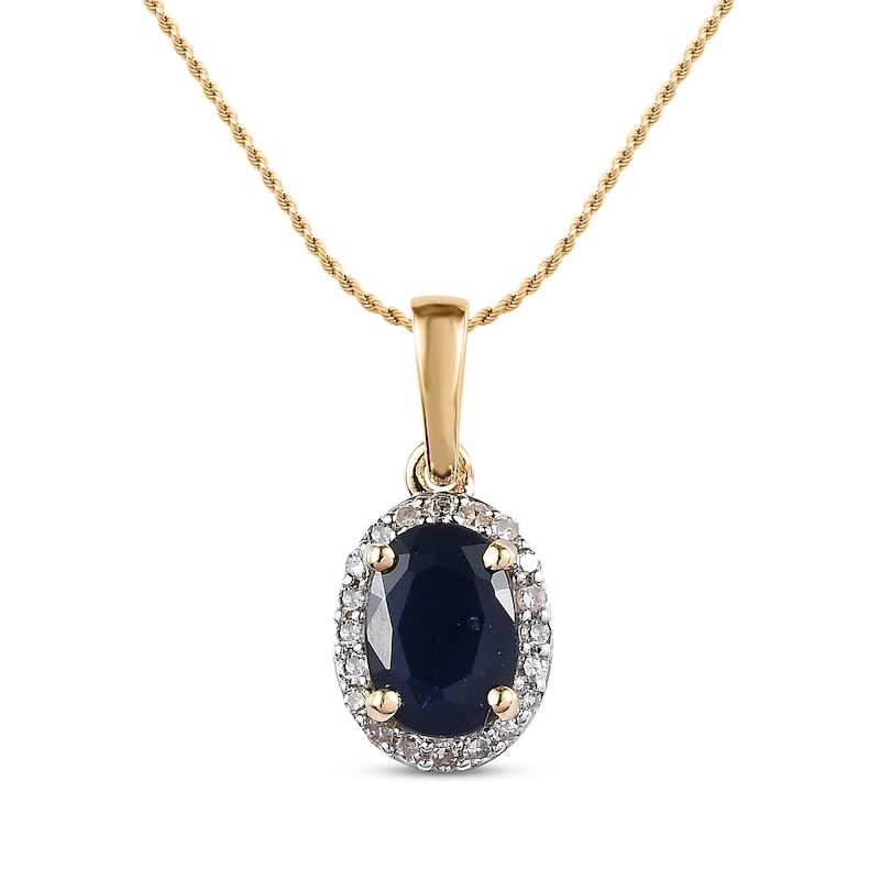 Oval-Cut Blue Sapphire & Diamond Necklace 1/10 ct tw 10K Yellow Gold 18"