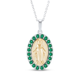 Lab-Created Emerald Virgin Mary Necklace Sterling Silver & 14K Yellow Gold 18&quot;