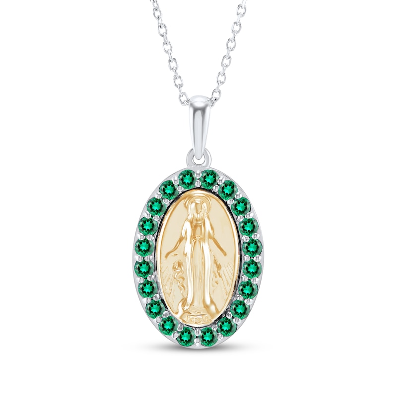 Main Image 1 of Lab-Created Emerald Virgin Mary Necklace Sterling Silver & 14K Yellow Gold 18&quot;