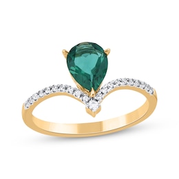 Pear-Shaped Lab-Created Emerald & Diamond Chevron Ring 1/10 ct tw 10K Yellow Gold