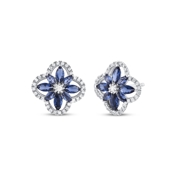 Marquise-Cut Blue Lab-Created Sapphire & Diamond Arabesque Flower Stud Earrings 1/5 ct tw 10K White Gold