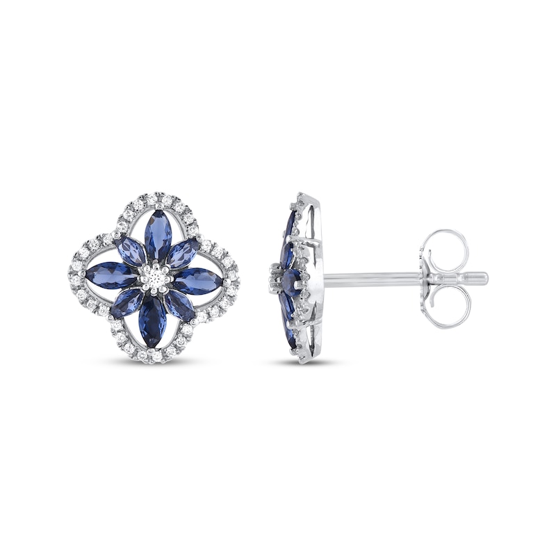 Marquise-Cut Blue Lab-Created Sapphire & Diamond Arabesque Flower Stud Earrings 1/5 ct tw 10K White Gold