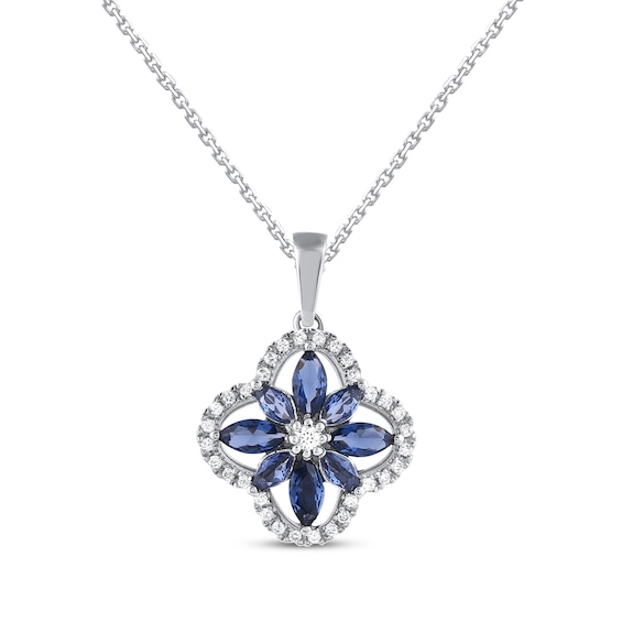Marquise-Cut Blue Lab-Created Sapphire & Diamond Arabesque Flower Necklace 1/6 ct tw 10K White Gold 18"