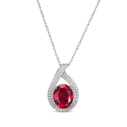 Oval-Cut Lab-Created Ruby & White Lab-Created Sapphire Teardrop Necklace Sterling Silver 18&quot;